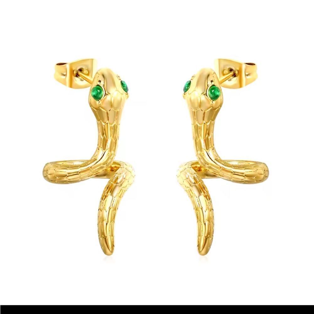 Gold Snake Earrings with Green Gemstone